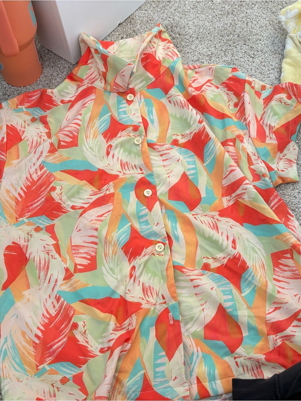 Tropical Feather Print Button-Up Shirt - Coral, Teal, Cream